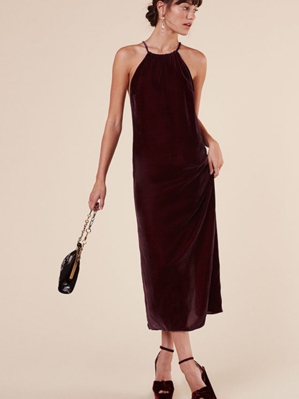 Reformation Irving Velvet Garnet Halter Tie Back Midi Dress